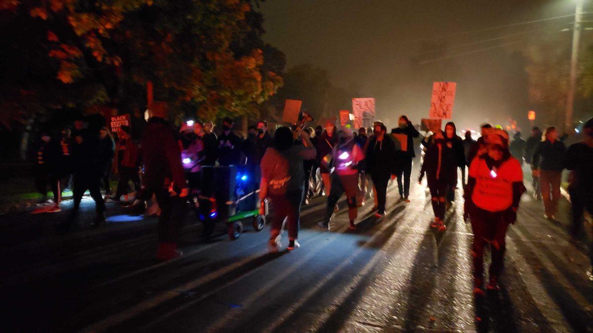 Protesters march on the streets near the University of Oregon demanding justice for Marcellis Stinnette, the latest young Black man killed by police, this time in Waukegan, Illinois. (James Croxton/Emerald)