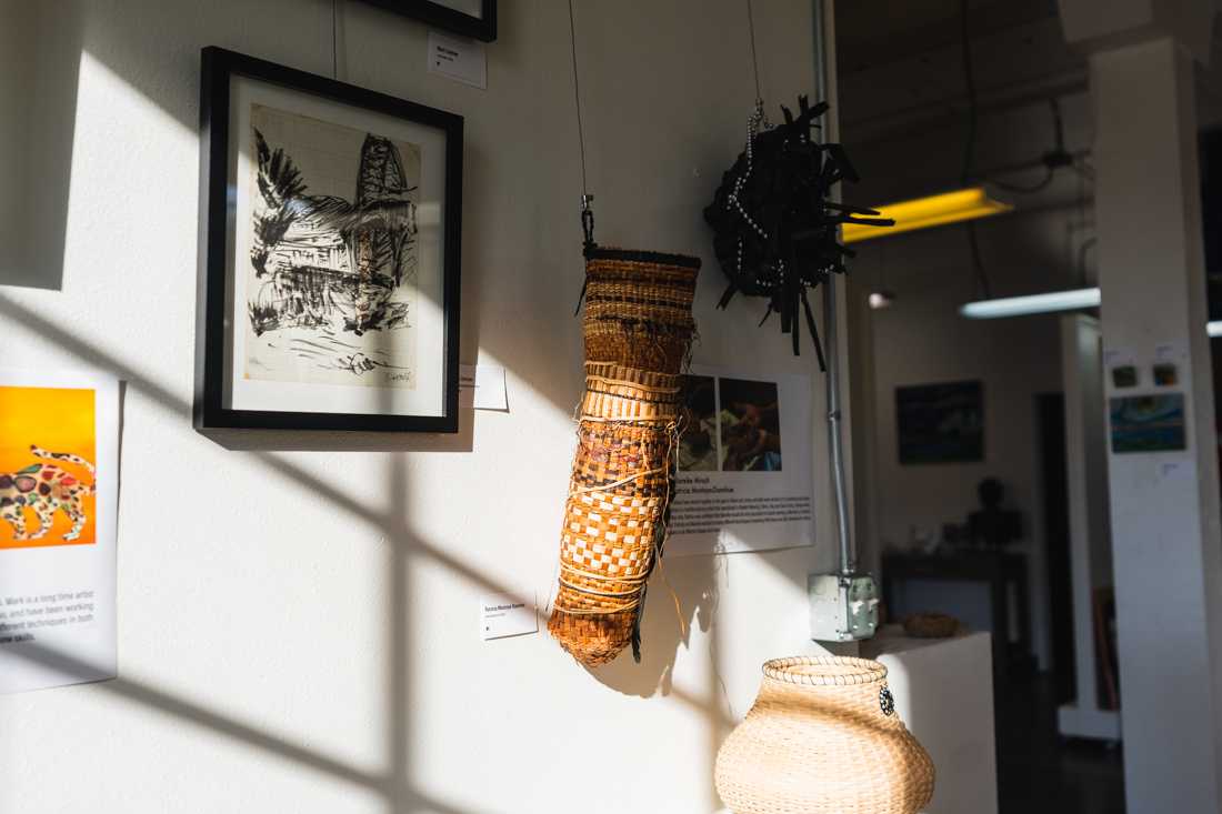 A mix material basket made by Patricia Montoya Donohue sits in the OSLP Exhibit. The OSLP Exhibit features paintings talking about social justice issues and life in quarantine in the OSLP Gallery in Eugene, Ore. on Nov. 11, 2020. (DL Young/Emerald)