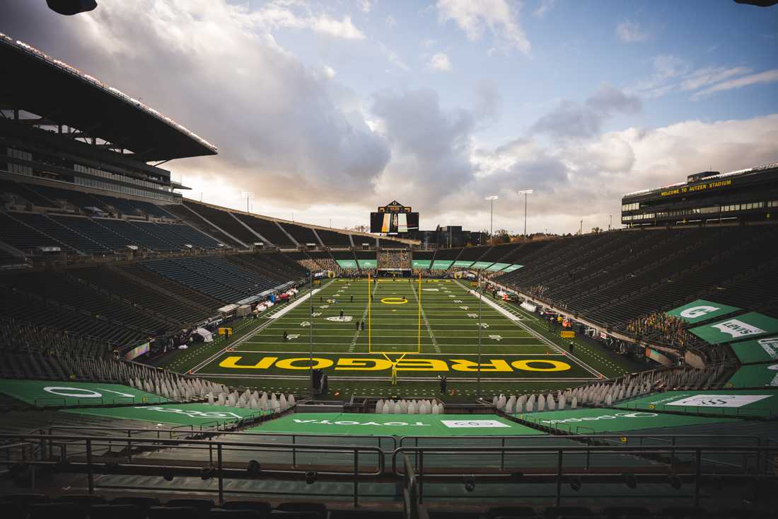 Autzen Stadium is empty during the first game of the season. Oregon Ducks Football takes on Stanford University at Autzen Stadium in Eugene, Ore. on Nov. 7, 2020. (DL Young/Emerald)