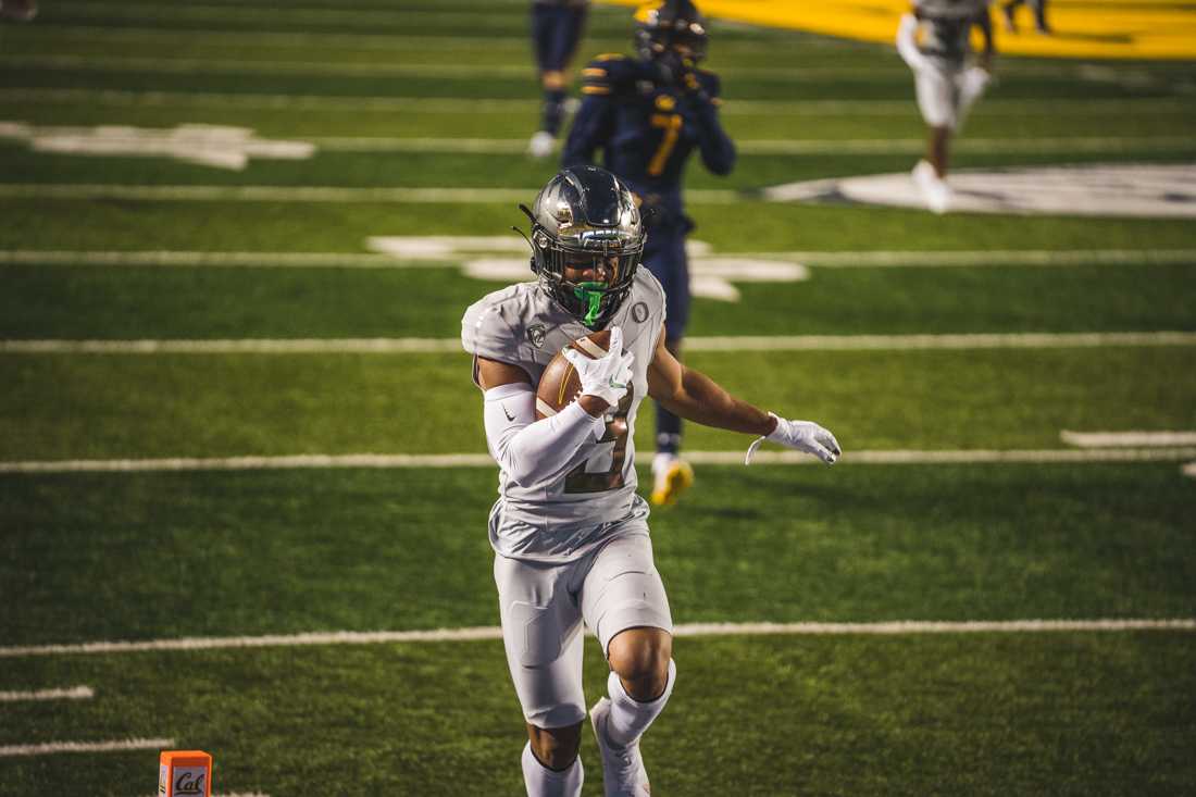 Ducks wide receiver Johnny Johnson III (3) waltzes into the endzone. Oregon Ducks football takes on the California Golden Bears at California Memorial Stadium in Berkeley, Calif., on Dec. 5, 2020. (DL Young/Emerald)