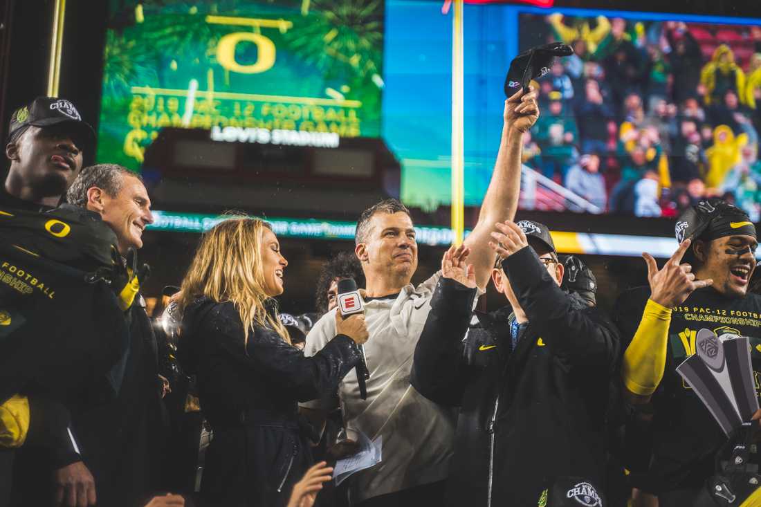 Oregon Head Coach Mario Cristobal raises his hat in celebration. Oregon Ducks football takes on Utah for the Pac 12 Championship game at Levi's Stadium in Santa Clara, Calif. on Dec. 6, 2019. (DL Young/Emerald)