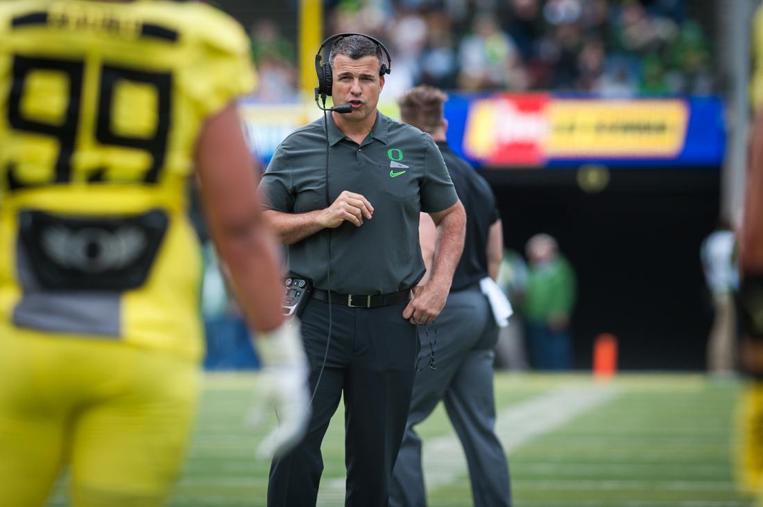 Head Coach Mario Cristobal watches from behind the line of scrimmage. Oregon Ducks football plays in the Spring game at Autzen Stadium in Eugene, Ore. on April 20, 2019. (Ben Green/Emerald)