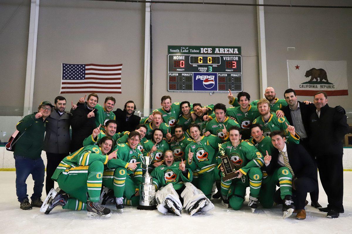 Oregon club hockey won its fourth Pac-8 championship after beating California in South Lake Tahoe, California, on Sunday. (Courtesy of Rylee Marron)