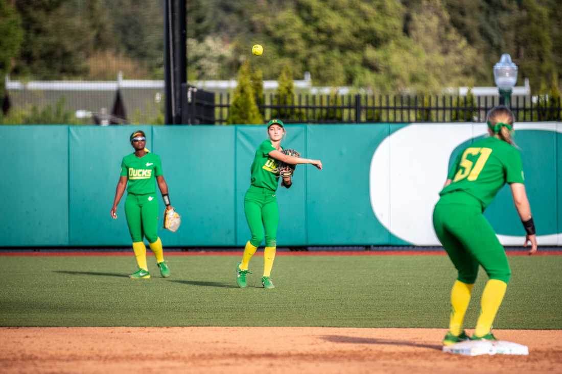 Oregon Ducks outfielder Haley Cruse (26) throws the ball. Oregon softball takes on Arizona State at Jane Sanders Stadium in Eugene, Ore. on May 23, 2019. (Maddie Knight/Emerald)