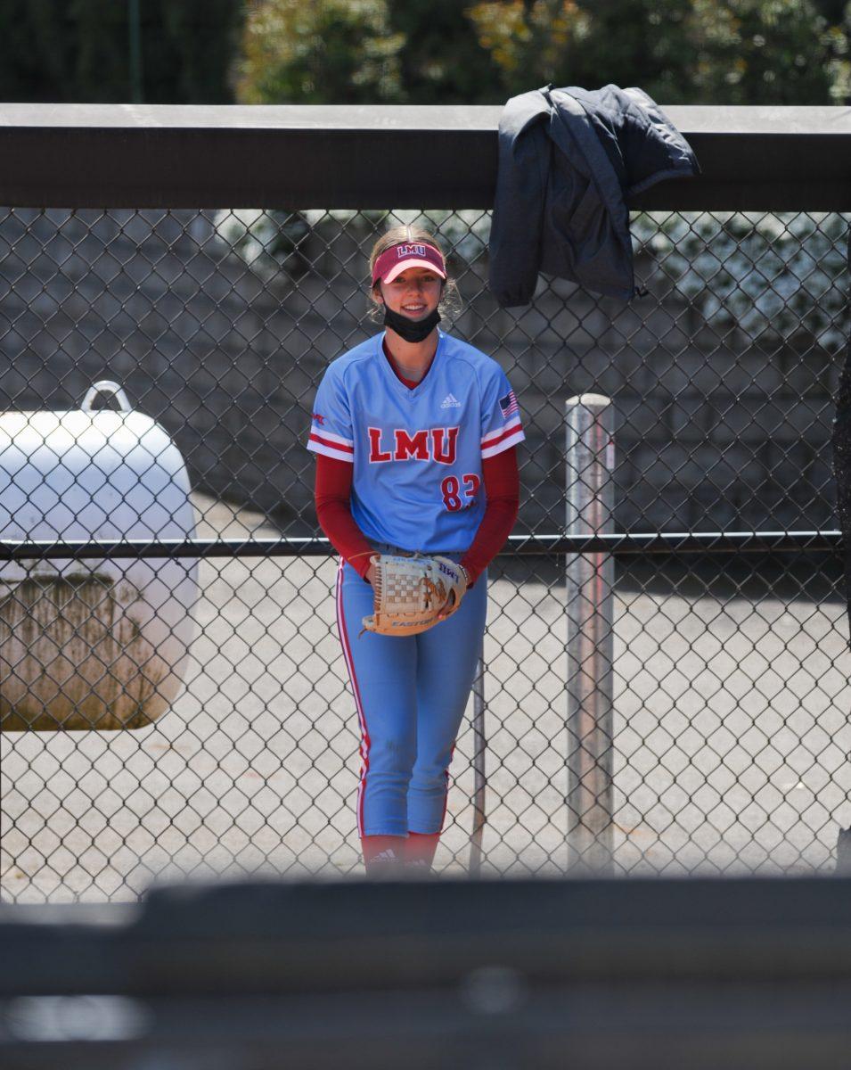 <p>Lions pitcher Mallory Eckroth (83) warms up before the game. Oregon Softball takes on Loyola Marymount University for a doubleheader at Jane Sanders Stadium in Eugene, Ore., on March 26, 2021. (Summer Surgent-Gough/Emerald)</p>