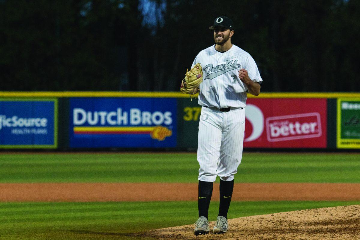 Oregon Ducks pitcher David Peterson (3) celebrates after striking out the last batter and throwing a complete game. The Oregon Ducks play the Arizona State Sun Devils at PK Park in Eugene, Ore. on Friday April 28, 2017. (Aaron Nelson/Emerald)