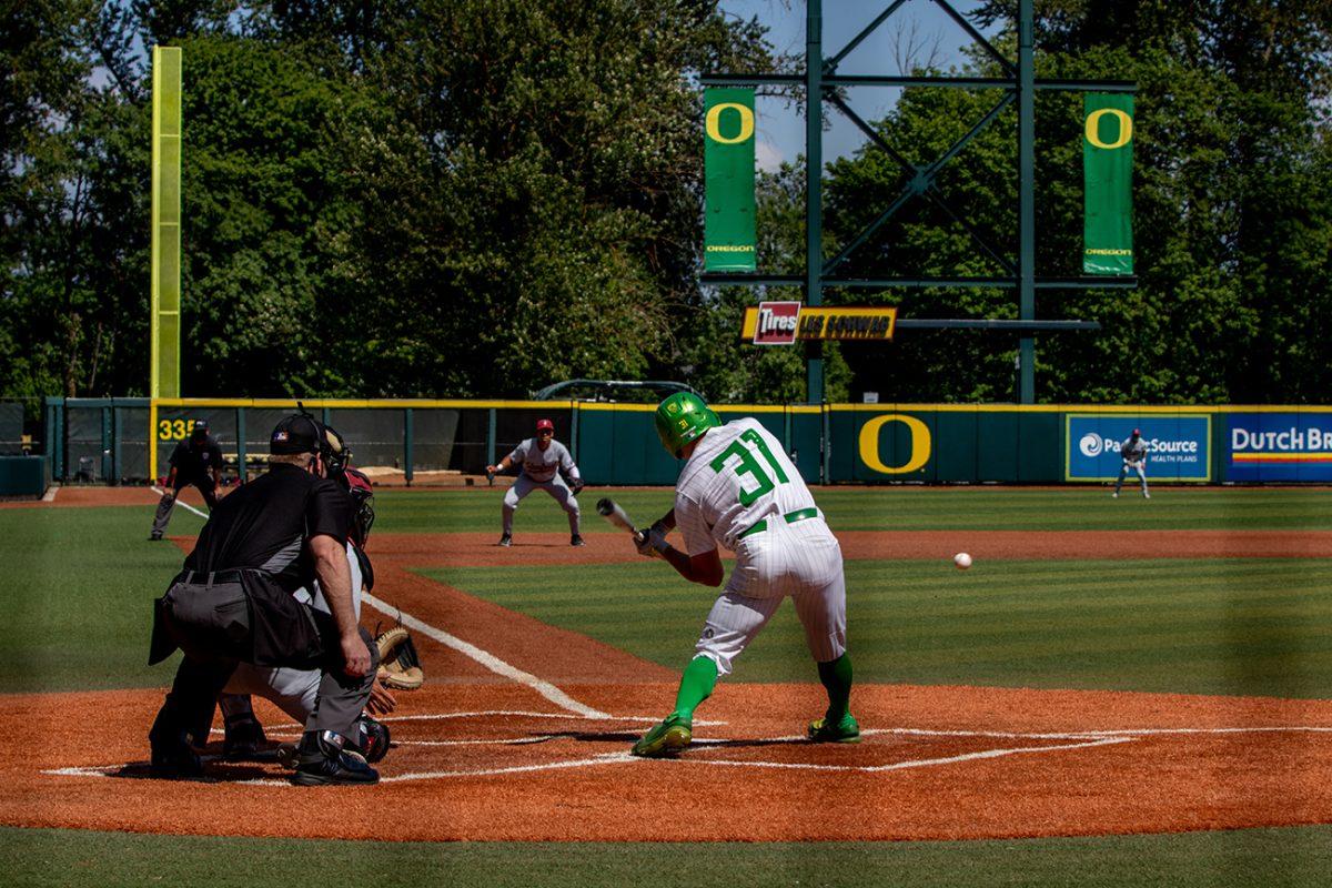 Ducks outfielder Tanner Smith (31) swings at a pitch. The University of Oregon Ducks lost to the Stanford Cardinals in a nail-biting 6-5 game on Friday, May 22 at PK Park in Eugene, Oregon. (Will Geschke/Emerald)