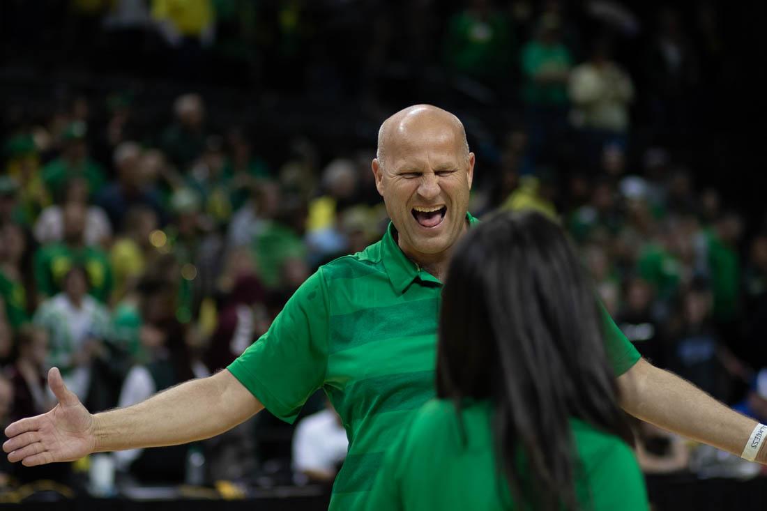 Oregon Ducks Head Coach Kelly Graves celebrates the win over Indiana. Oregon Ducks women&#8217;s basketball takes on Indiana University in the second round of the NCAA Championship at Matthew Knight Arena in Eugene, Ore. on March 24, 2019. (Devin Roux/Emerald)