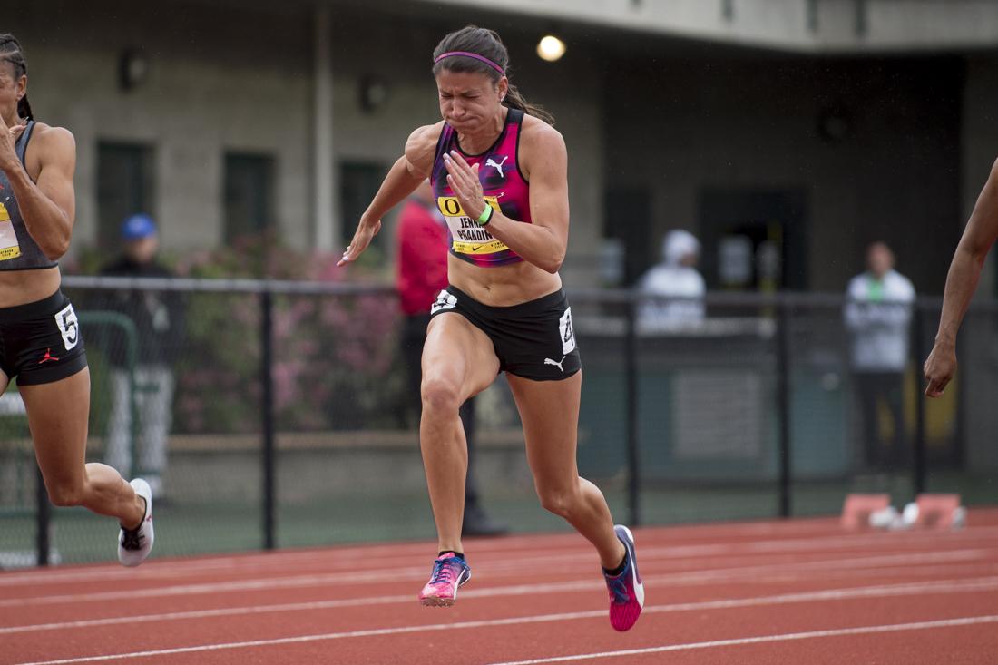 Former Oregon sprinter Jenna Prandini races in the 100m. The Oregon Ducks host the Oregon Twilight Invitational meet at Hayward Field in Eugene, Ore. on May 5, 2017. (Adam Eberhardt/Emerald)