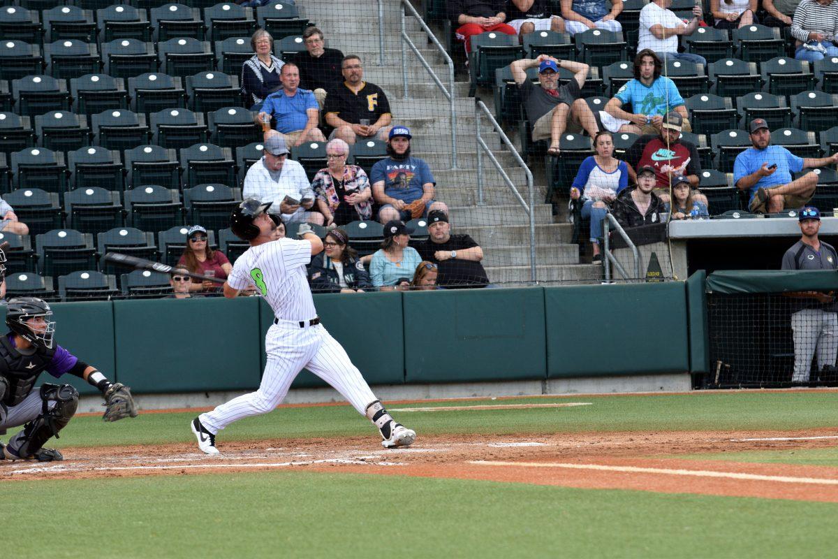 Eugene Emeralds right fielder Jacob Olson (8) swings the bat.&#160;The Eugene Emeralds take on the Boise Hawks at PK Park in Eugene, Ore. on July 23, 2019. (Kimberly Harris/Emerald)