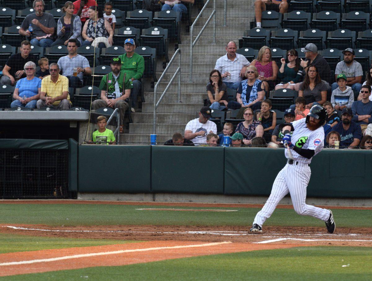 Eugene Emeralds first baseman Grayson Byrd (33) sends the ball flying.&#160;The Eugene Emeralds take on the Boise Hawks at PK Park in Eugene, Ore. on July 23, 2019. (Kimberly Harris/Emerald)