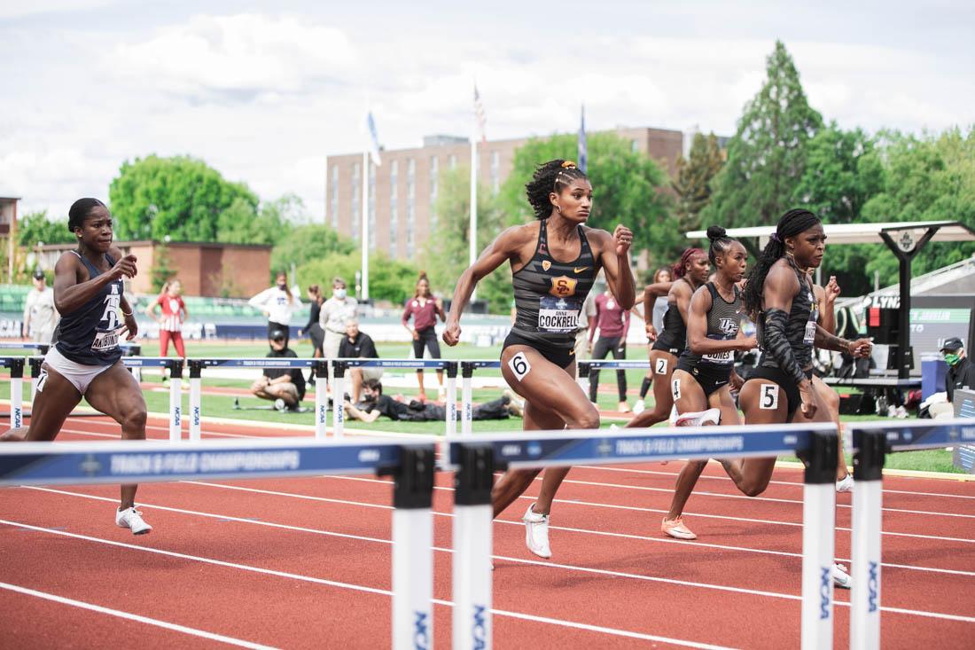 Athletes take off during the 100m Hurdle semifinal. Hayward Field hosts the second day of the 2021 NCAA Outdoor Track and Field Championships in Eugene, Ore., on June 10, 2021 (Maddie Stellingwerf/Emerald).