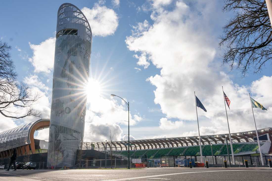 Located across from the William Knight Law Center, Hayward Field is the University of Oregon Track and Field team's stadium. (DL Young/Emerald).