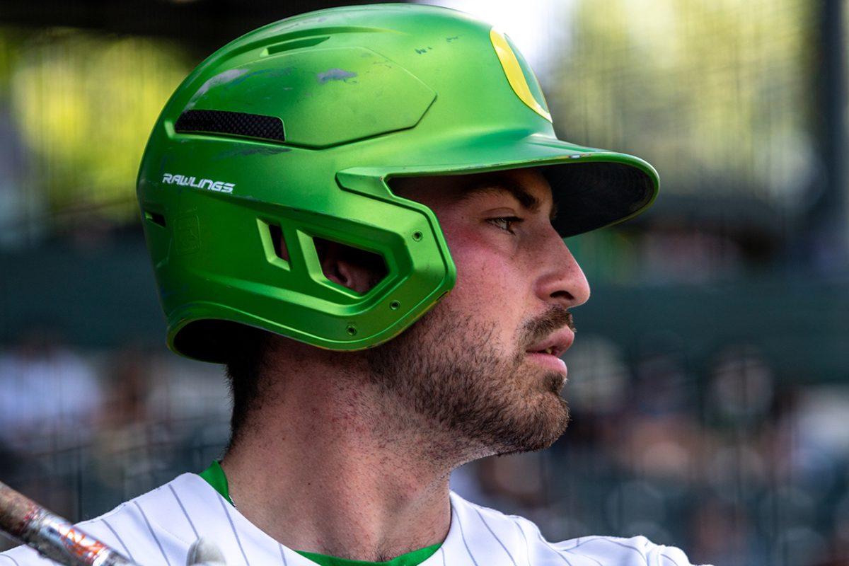 Oregon designated hitter Kenyon Yovan (21) warms up before going up to bat. The University of Oregon Ducks lost to the Stanford Cardinals in a nail-biting 6-5 game on Friday, May 22 at PK Park in Eugene, Oregon. (Will Geschke/Emerald)