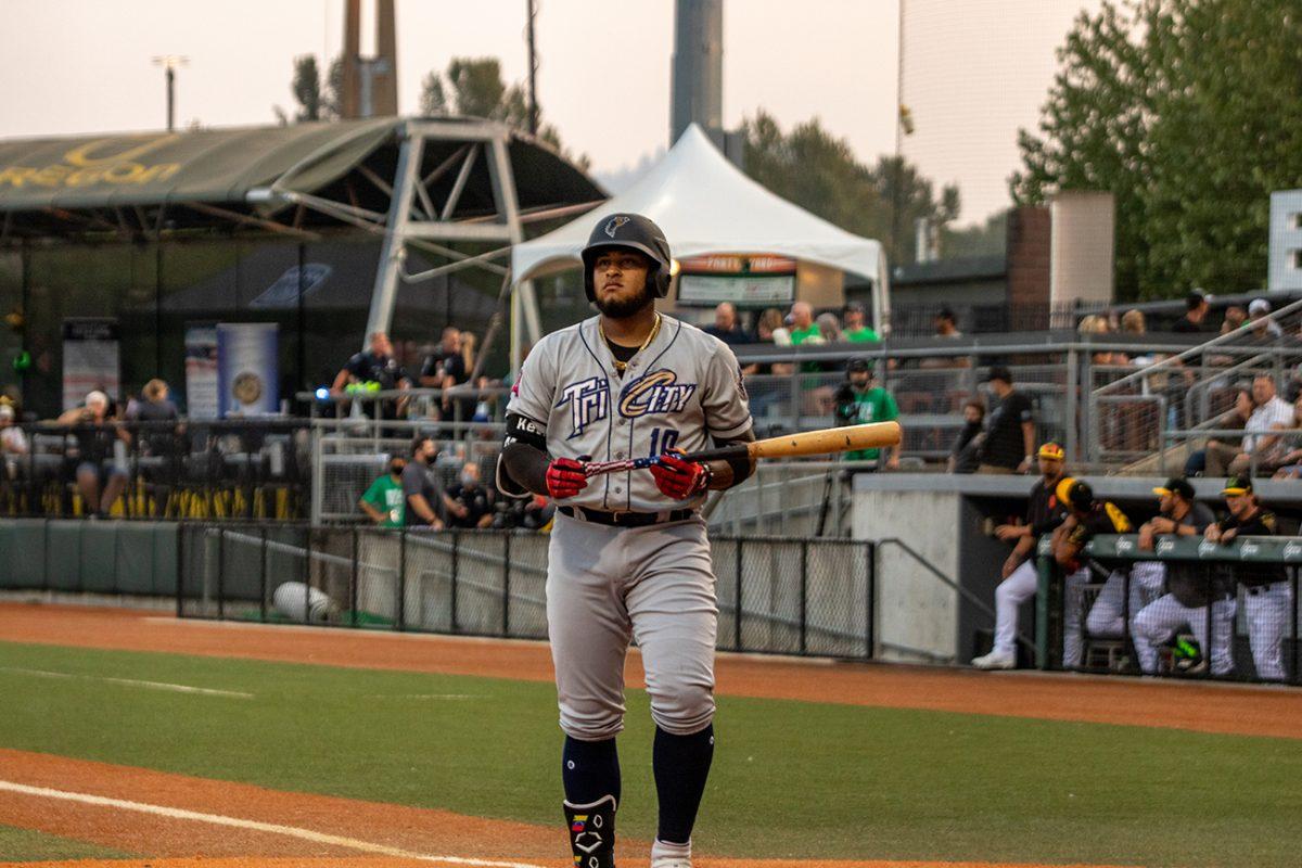 Kevin Maitan (10) prepares to go to the plate. The Eugene Emeralds, who played under their alternate name Monarcas de Eugene, defeated the Tri-City Dust Devils 11-4 on Tuesday, August 3, at PK Park in Eugene, Oregon. (Will Geschke/Emerald)