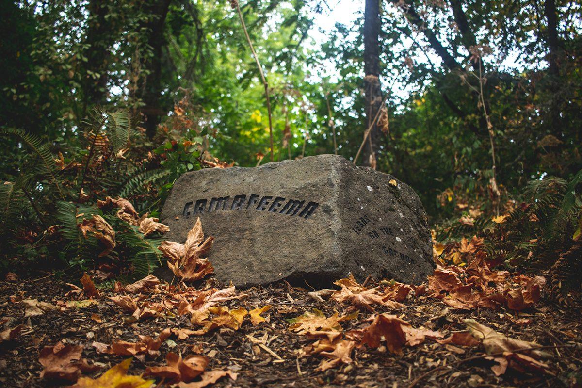 A series of stones, described by the Willamate River Festival as "serving educational and cultural references to the Kalapuya language and connection to the land", sit on display in Alton Baker Park. The Willamate River Festival is a series of events and art installations taking place across Eugene between August 21-28. (Will Geschke/Emerald)