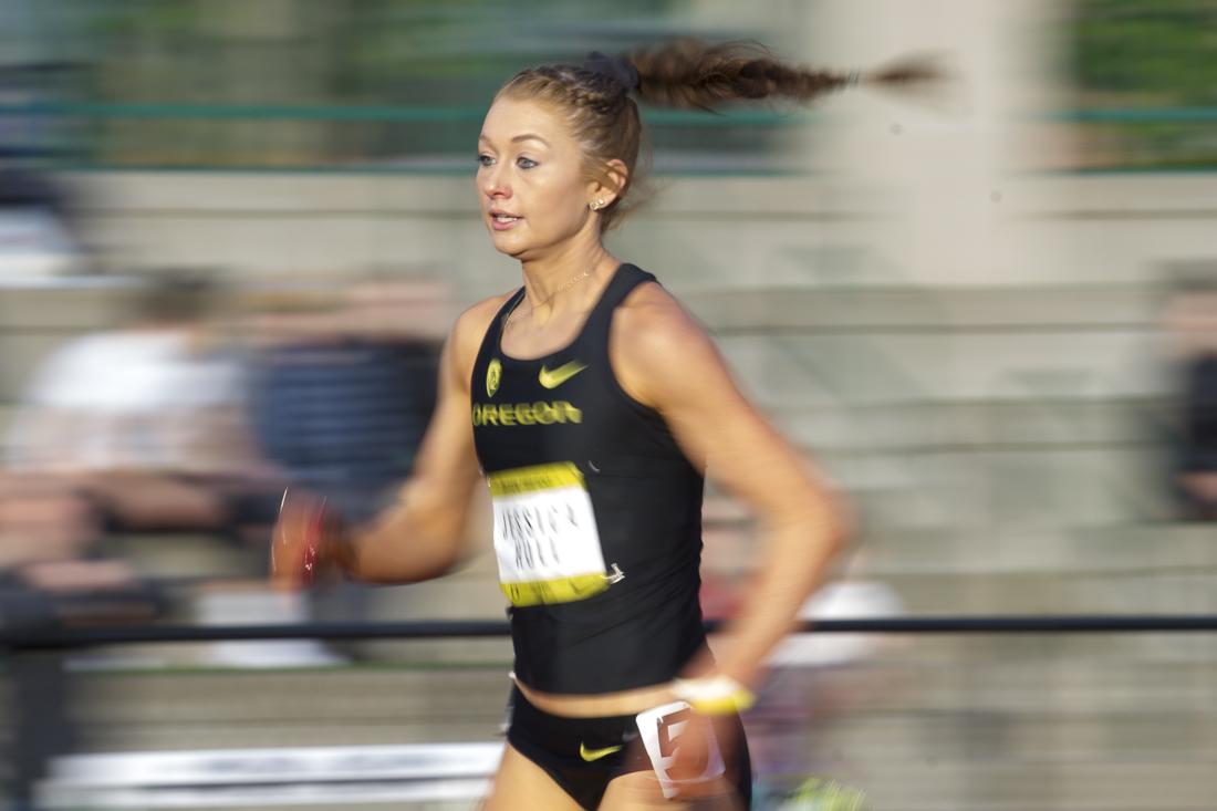 Oregon middle distance runner Jessica Hull races in the second heat of the 800m. The University of Oregon hosts the Twilight track and field meet at Hayward Field in Eugene, Ore. on Friday, May 4, 2018. (Adam Eberhardt/Emerald)