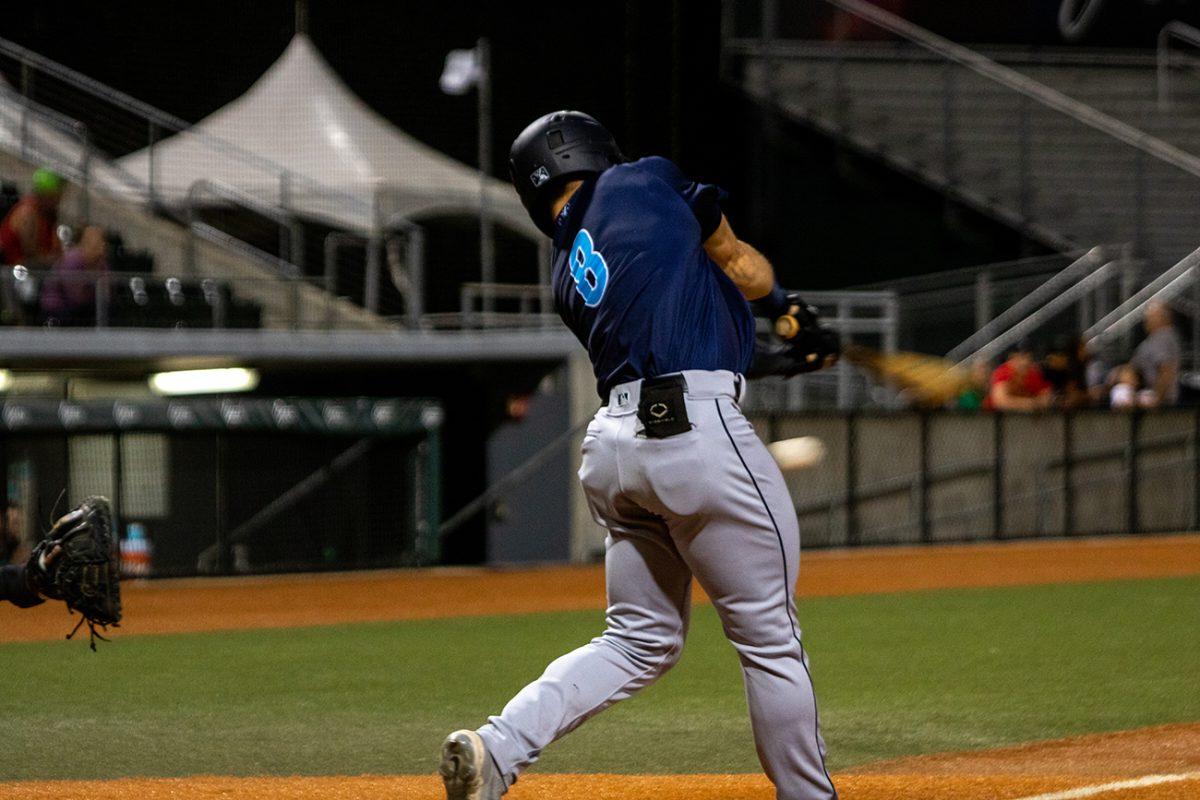 An AquaSox player swings and misses at an incoming pitch. The Eugene Emeralds suffered a major 10-2 defeat at the hands of the Everett AquaSox on Wednesday, July 7 at PK Park in Eugene, Oregon. (Will Geschke/Emerald)