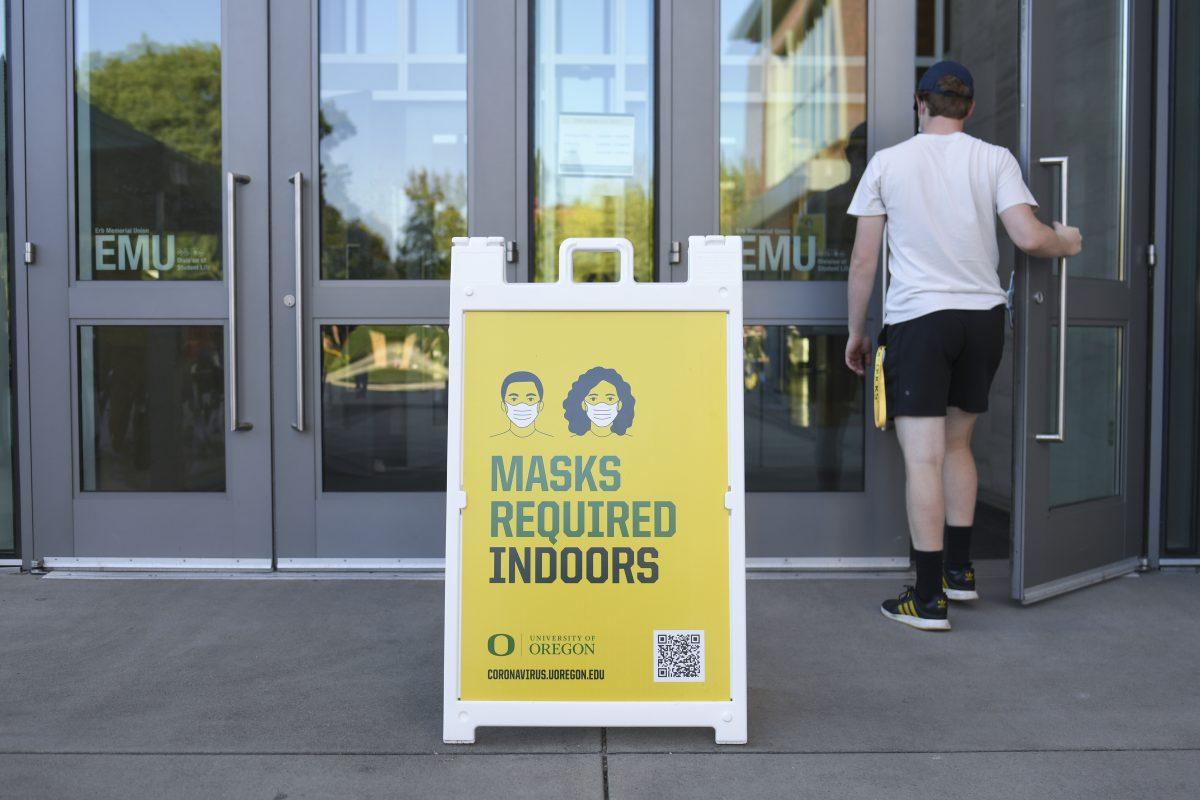 <p>A sign reminding people to wear their masks sits outside the EMU on the University of Oregon campus in Eugene, Ore. on September 24, 2021. As students come back to campus, the University of Oregon community is navigating moving forward with COVID still as a concern (Isaac Wasserman/ Emerald)</p>