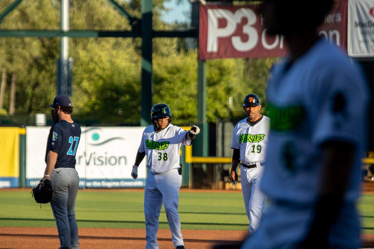 Ismael Munguia (38) points towards the dugout after hitting a single early in the game. The Eugene Emeralds suffered a major 10-2 defeat at the hands of the Everett AquaSox on Wednesday, July 7 at PK Park in Eugene, Oregon. (Will Geschke/Emerald)