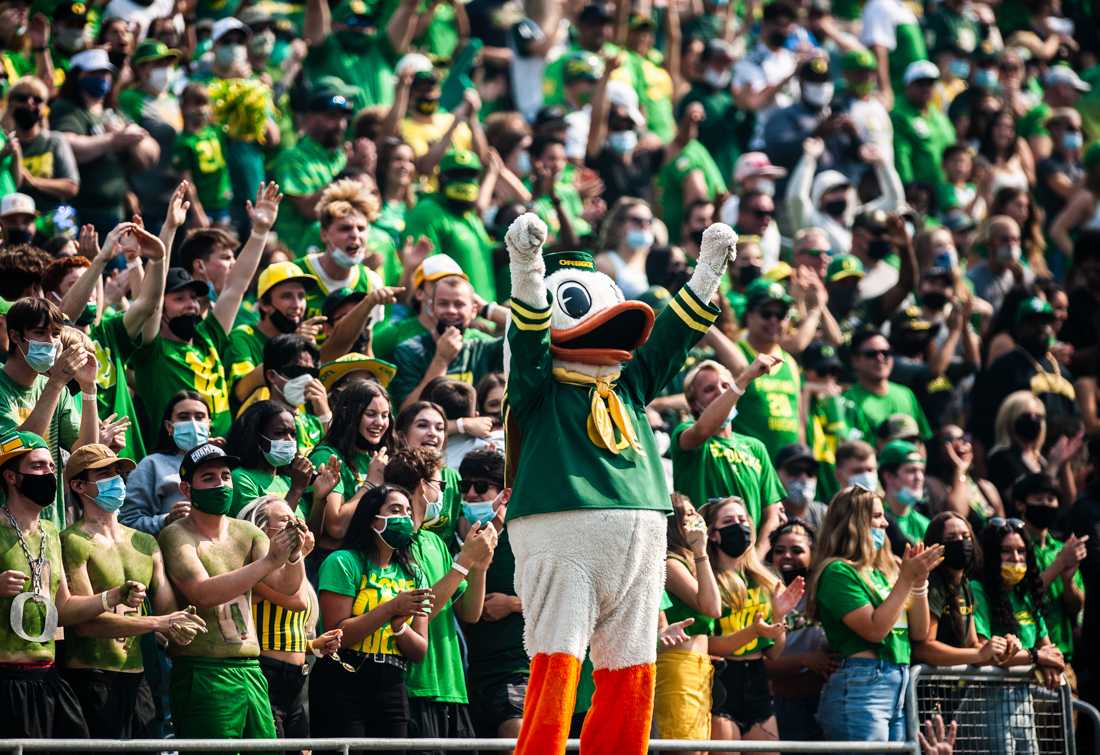 The Oregon Duck joins the student section to cheer on the football team. The Oregon Ducks host Fresno State on September 4th, 2021, for game one of the 2021 season.