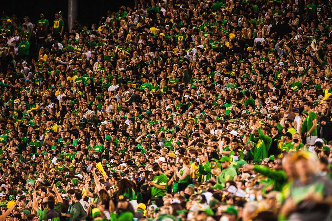 The Oregon student section at Autzen Stadium is packed to the brim with students during Saturday night&#8217;s game against the Arizona Wildcats. The Oregon Ducks crush the Arizona Wildcats 41-19 in game four of the 2021 season. (Ian Enger/ Emerald)