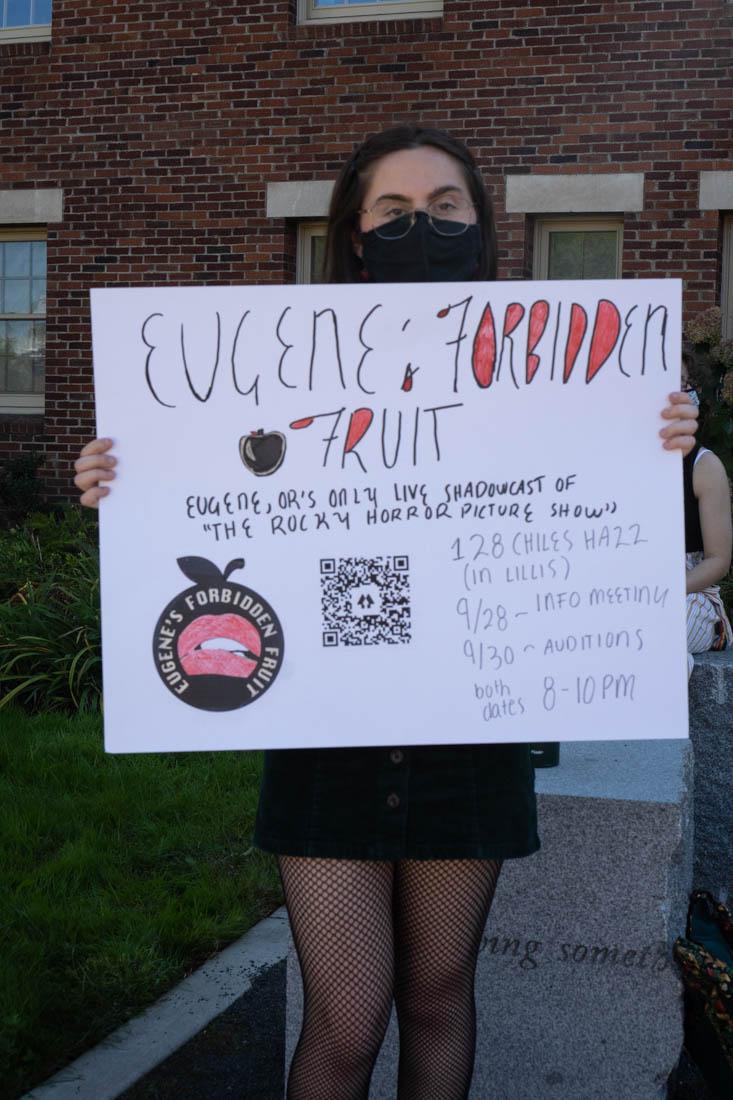 A club member of Eugene's Forbidden Fruit explains how nice it is to see students back on campus. (Ali Watson/Emerald)