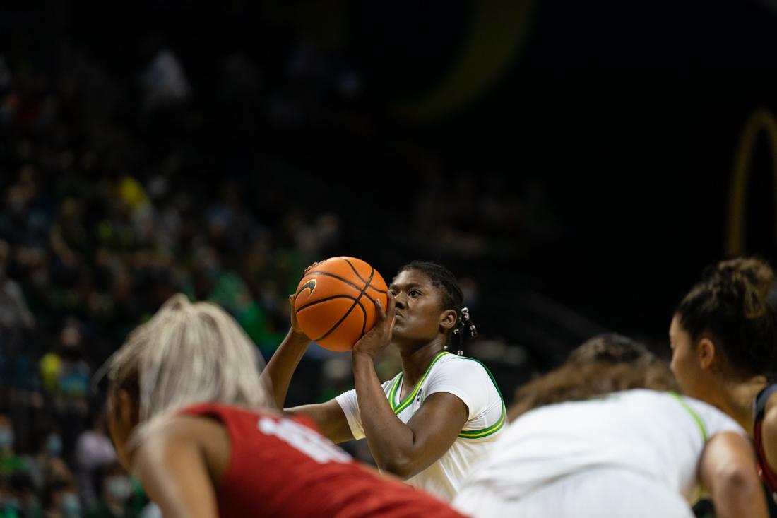 Oregon's Center Phillipina Kyei (15) gets set to shoot a free throw. The Oregon Ducks Women&#8217;s Basketball team faces the Saint Martin&#8217;s Saints in their first exhibition game of the season on Oct.28 2021 at Matthew Knight Arena. (Serei Hendrie/Emerald)