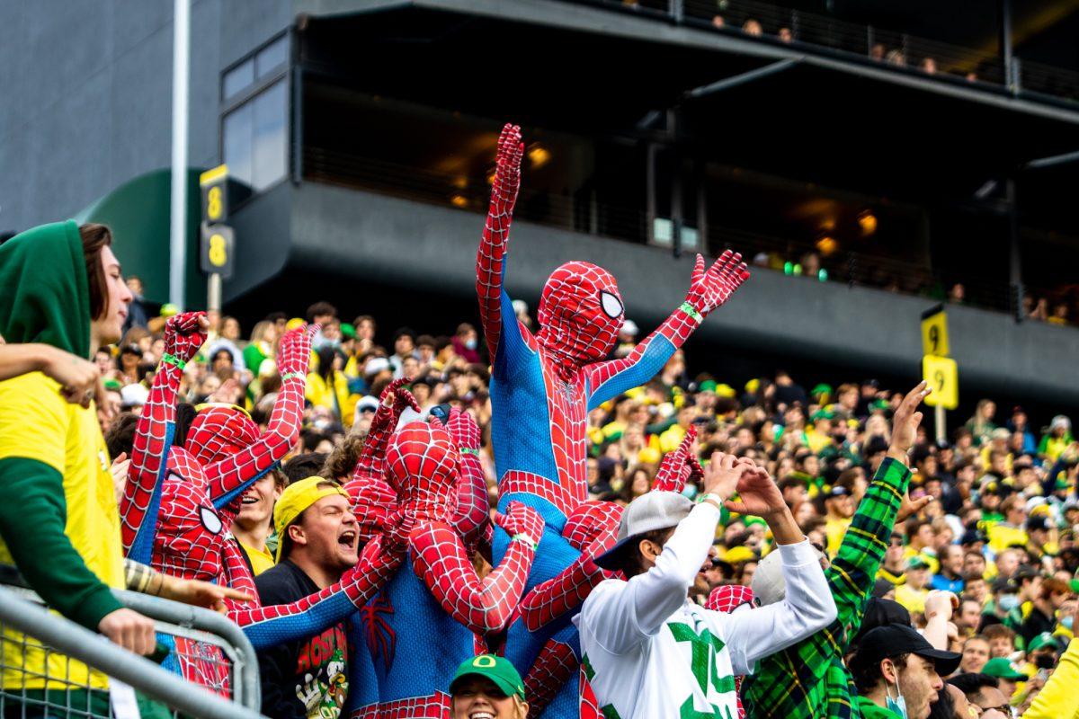 Many fans at Autzen Stadium arrived in costume, due to Halloween being the following day. The University of Oregon Ducks defeated the University of Colorado Buffaloes 52-29 at Autzen Stadium on October 30, 2021. (Will Geschke/Emerald)