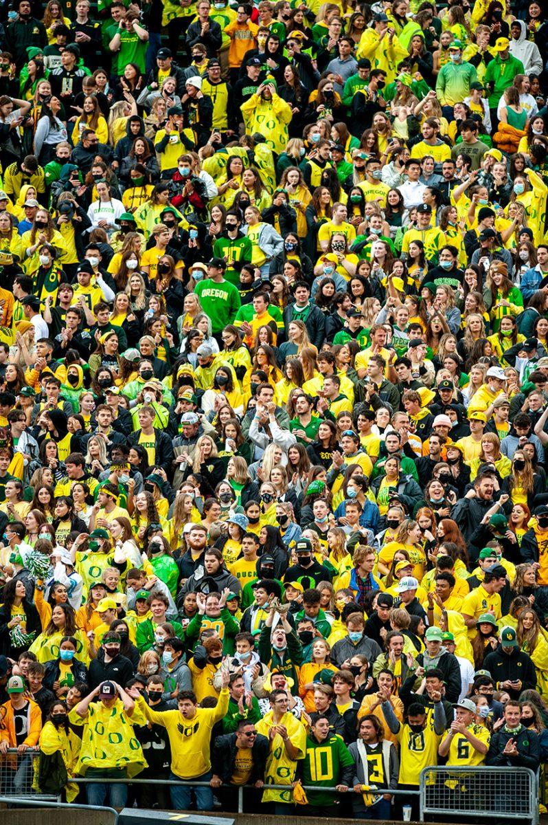 Oregon Ducks fans gather in the student section during the beginning of the game. The Oregon Ducks defeated the Stony Brook Seawolves 48-7 on Saturday night, September 17, at Autzen Stadium. (Will Geschke/Emerald)