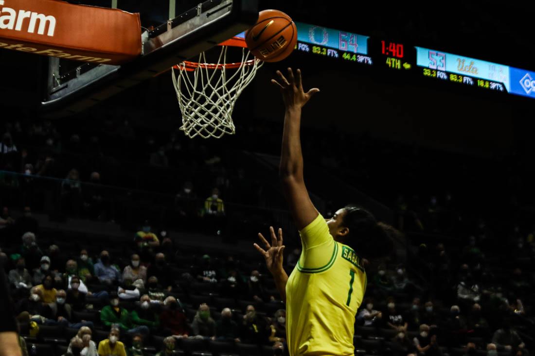 Nyara Sabally (1) lifts the ball up into the basket. Oregon Women&#8217;s Basketball takes on UCLA Bruins at Matthew Knight Arena in Eugene, Ore. on Feb. 16, 2022. (Mary Grosswendt/Emerald)