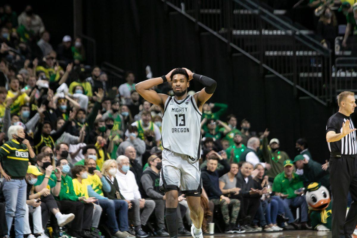 Eric Williams JR. can&#8217;t believe the foul call on a USC three point shot. The Oregon Ducks Men&#8217;s Basketball team faces the USC Trojans, on February 26th, 2022, at Matthew Knight Arena. (Liam Sherry/Emerald)