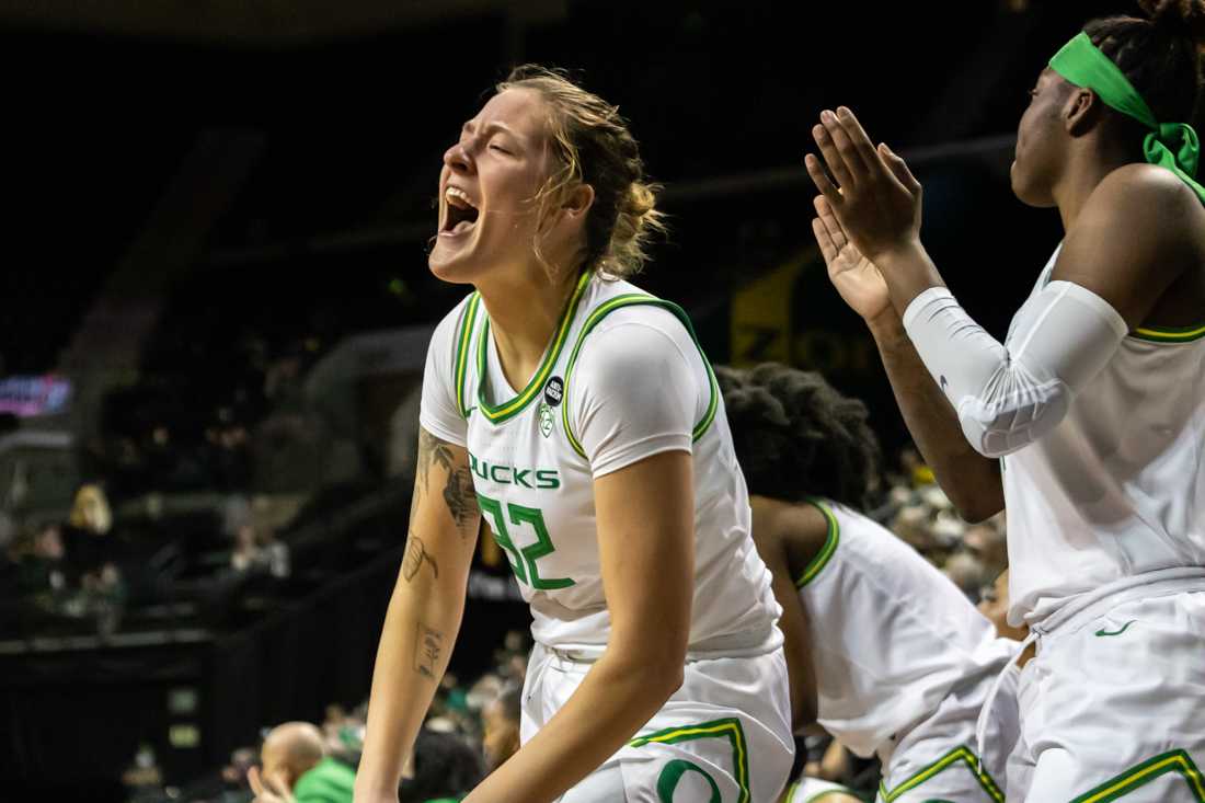 Duck's forward Sedona Prince (32) screams in celebration. The Oregon Ducks Women&#8217;s Basketball team takes on the Arizona State Sun Devils, on February 1st, 2022, at Matthew Knight Arena. (Molly McPherson/Emerald)