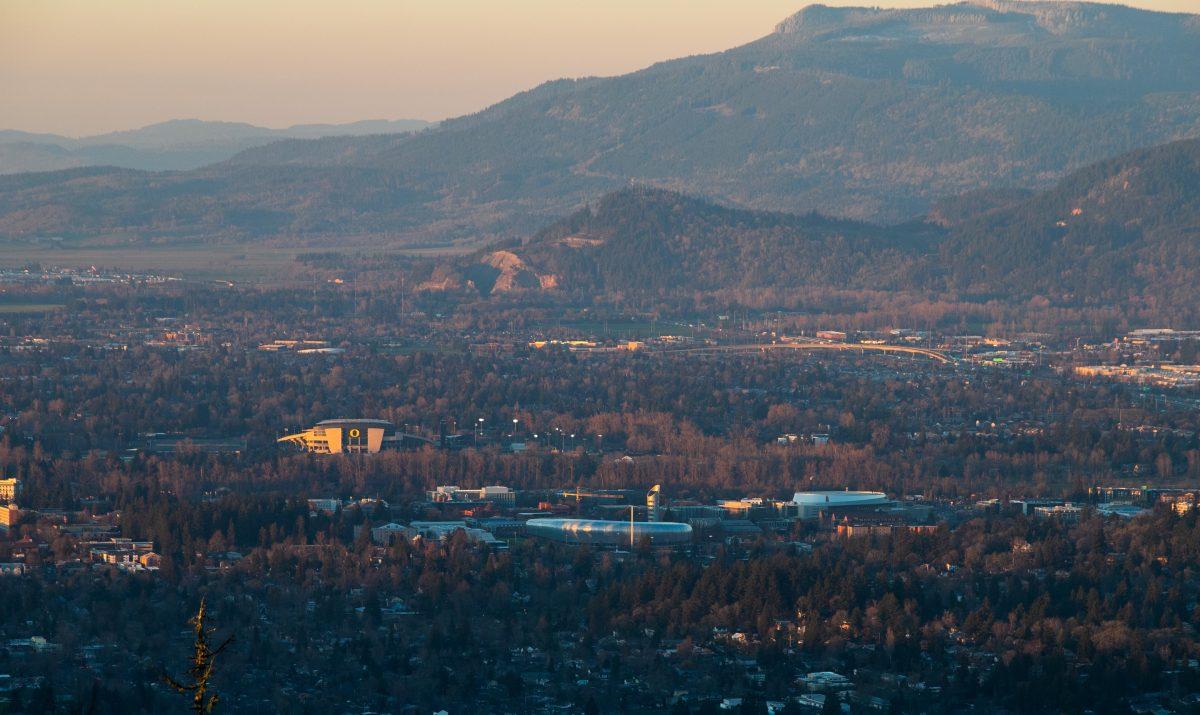 The peak of Spencer&#8217;s Butte offers a great view of the UO campus. Autzen Stadium and Hayward Field are clearly visible from the peak. Eugene offers countless hiking spots that can be a fun way to get out and about in nature anytime of year. (Liam Sherry/Emerald)