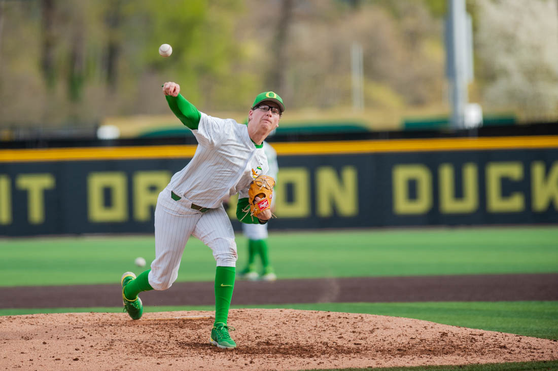 Stone Churby (52) pitches the ball. Oregon Baseball takes on the University of San Fransisco at PK Field in Eugene, Ore. on March 29, 2022. (Mary Grosswendt/Emerald)