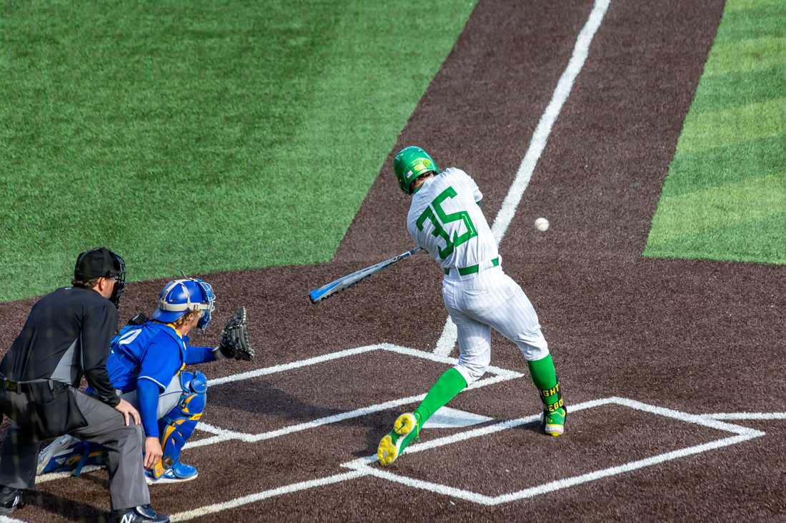 Ducks right fielder, Anthony Hall (35), swings his bat. The Oregon Ducks Baseball team takes on UCSB on March 5th, 2022, at PK Park. (Molly McPherson/Emerald)