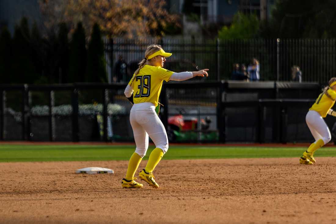 Paige Sinicki (38) directs her fellow infielders as Arizona State bats. Oregon Softball takes on Arizona State on April 8th, 2022, at Jane Sanders Stadium. (Molly McPherson/Emerald)