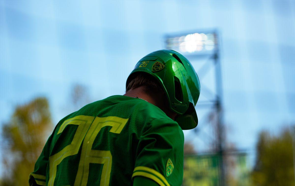 Sophomore Colby Shade mentally prepares in the batters box before his at bat. The Oregon Ducks Baseball team hosts Washington State at PK Park on April 24th, 2022. (Liam Sherry/Emerald)