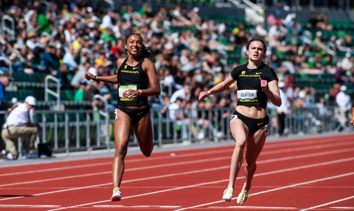 Ella Clayton and Alysah Hickey leading in the second heat. The second day of the Hayward Premiere track meet hosted at Hayward Field on April 2, 2021. (Liam Sherry/Emerald)