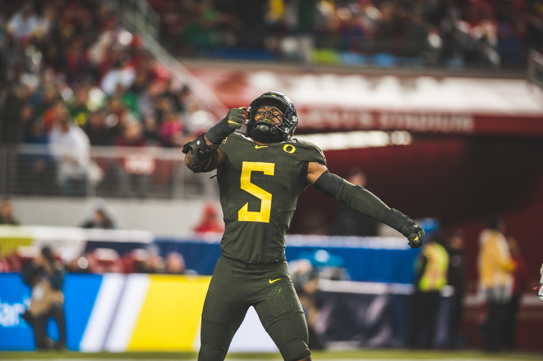 Ducks defensive end Kayvon Thibodeaux (5) pounds his chest in celebration. Oregon Ducks football takes on Utah for the Pac 12 Championship game at Levi's Stadium in Santa Clara, Calif. on Dec. 6, 2019. (DL Young/Emerald)