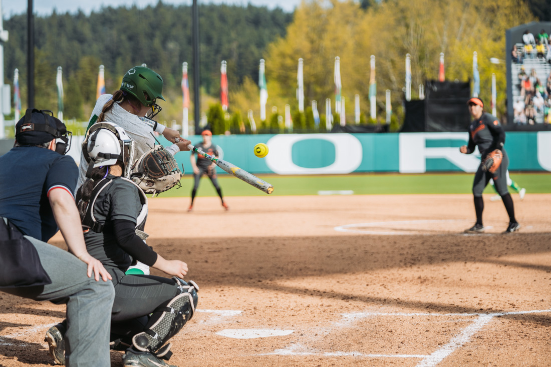 Tehya Bird takes a swing at the ball. The Oregon Ducks Softball team faces the Oregon State Beavers, on May 1st, 2022, at Jane Sanders Stadium. (Serei Hendrie/Emerald)