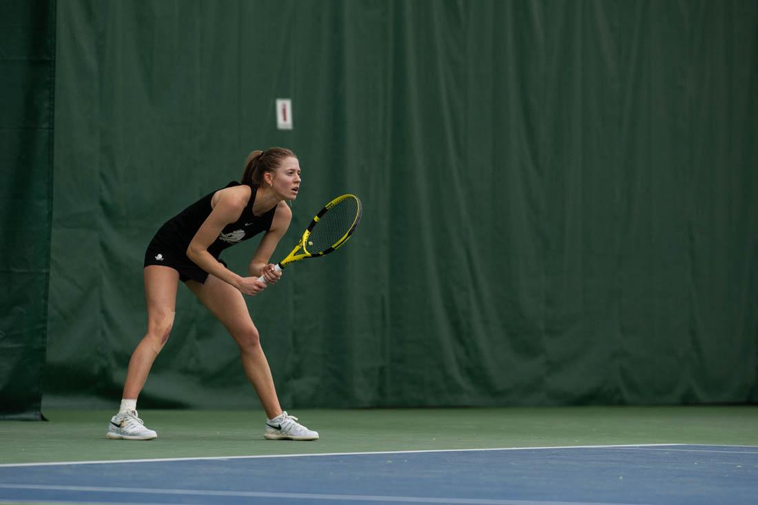 Duck sophomore Myah Petchey prepares to return her opponent&#8217;s serve. UO Women&#8217;s Tennis takes on Portland State at the UO Student Tennis Center on Jan. 16th, 2022 (Mary Grosswendt/Emerald)