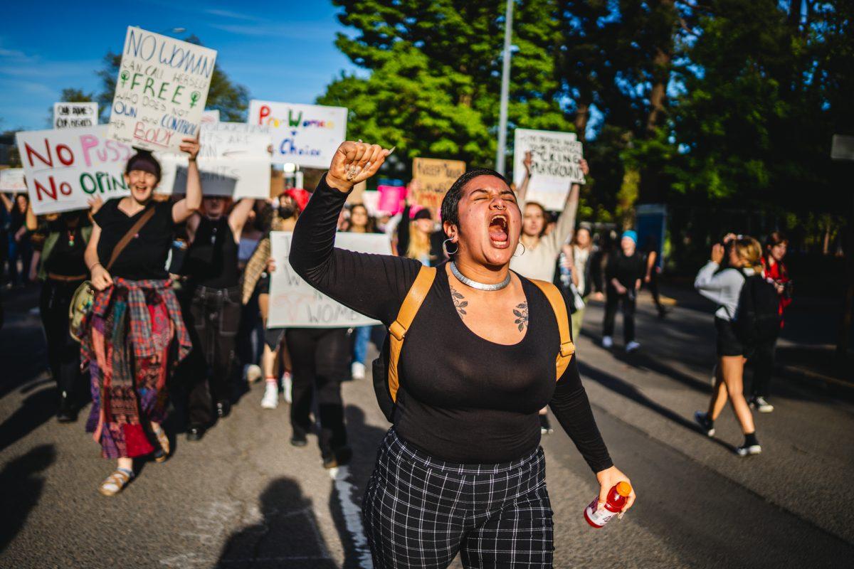 Graciela Villavicencio leads the march towards downtown Eugene. After a draft of a supreme court opinion that would overturn Roe V. Wade was leaked the day prior, hundereds of protesters gathered on May 3, 2022 to march through downtown Eugene in protest. (Will Geschke/Emerald)