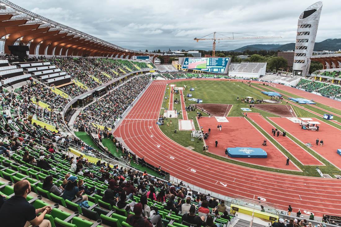 Fans sit eagerly awaiting the events for the day to unfold. University of Florida Gators mens track team take home the national championship on the third day of the 2022 NCAA Track &amp; Field Championships at Hayward Field in Eugene, Ore., on June 10th, 2022. (Maddie Stellingwerf/Emerald)