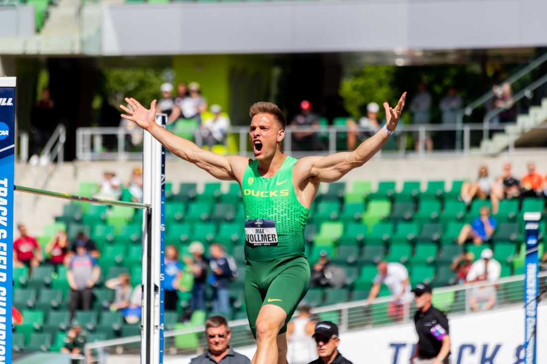 Oregon&#8217;s Max Vollmer celebrates after a successful high jump attempt. The second day of the 2022 NCAA Track &amp; Field Championships took place at Hayward Field in Eugene, Ore., on June 9th, 2022. (Molly McPherson/Emerald)