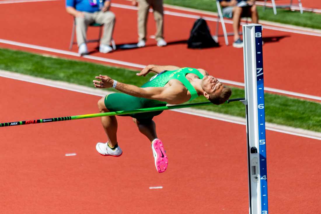 Oregon&#8217;s Max Vollmer clears the bar during the high jump portion of the decathlon. The first day of the 2022 NCAA Track &amp; Field Championships took place at Hayward Field in Eugene, Ore., on June 8th, 2022. (Molly McPherson/Emerald)