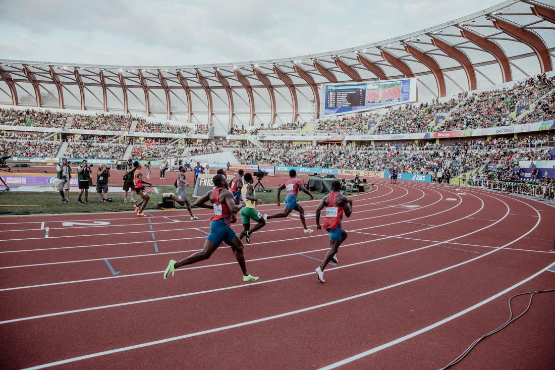 Runners come to a slow after finishing the Mens 100m final. An explosive first weekend of the World Athletic Championships comes to a close at Hayward field in Eugene, Ore., from July 15-17, 2022 (Maddie Stellingwerf/Emerald)