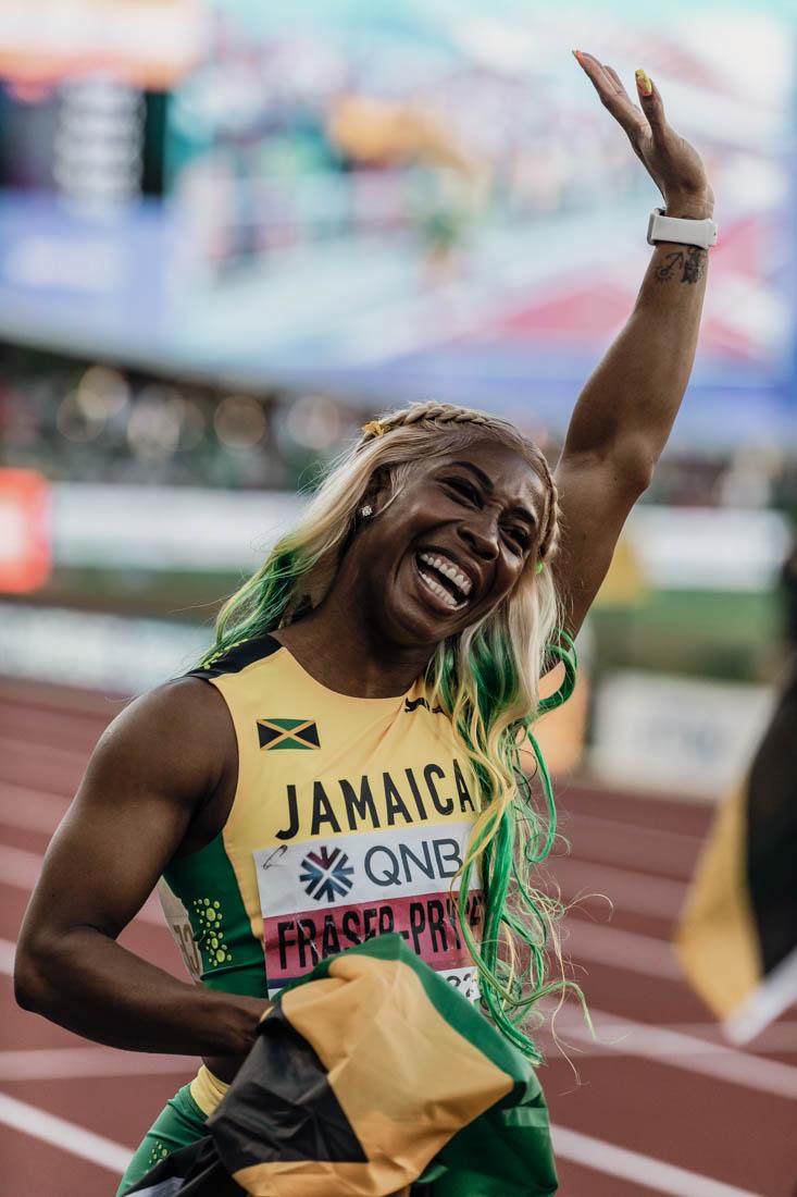 Gold medalist Shelly-Ann Fraser-Pryce celebrates her gold medal win for Jamaica in the Womens 100m final. An explosive first weekend of the World Athletic Championships comes to a close at Hayward field in Eugene, Ore., from July 15-17, 2022 (Maddie Stellingwerf/Emerald)