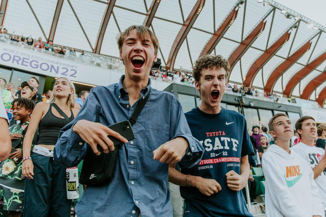 Fans celebrate the United States' clean sweep in the Mens 100m dash. An explosive first weekend of the World Athletic Championships comes to a close at Hayward field in Eugene, Ore., from July 15-17, 2022 (Maddie Stellingwerf/Emerald)