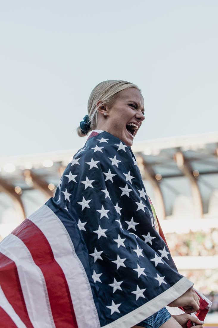 Katie Nageotte celebrates her gold medal win in the Women's High Jump finals. An explosive first weekend of the World Athletic Championships comes to a close at Hayward field in Eugene, Ore., from July 15-17, 2022 (Maddie Stellingwerf/Emerald)